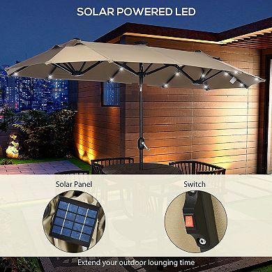 Outsunny Double-Sided Patio Umbrella with Solar Lights, Base, Tilt, Coffee