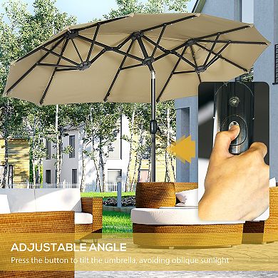 Outsunny Double-Sided Patio Umbrella with Solar Lights, Base, Tilt, Coffee