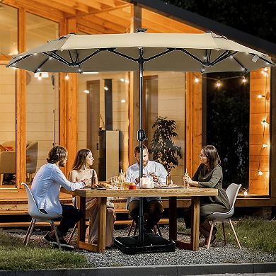 Outsunny Double-Sided Patio Umbrella with Solar Lights, Base, Tilt, Coffee