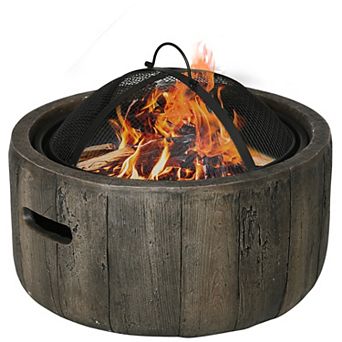 Outsunny Outdoor Fire Pit, 18 Inch Metal Wood Burning Fireplace with Spark Cover, Poker, Dark Brown