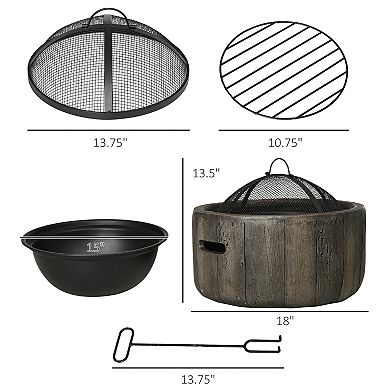 Outsunny Outdoor Fire Pit, 18 Inch Metal Wood Burning Fireplace with Spark Cover, Poker, Dark Brown