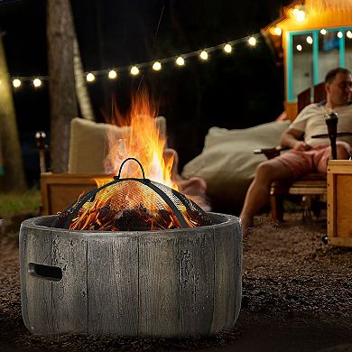 Outsunny Outdoor Fire Pit, 18 Inch Metal Wood Burning Fireplace with Spark Cover, Poker, Dark Brown