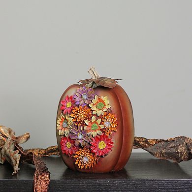 8" Brown Solar Powered Floral Pumpkin Outdoor Decoration