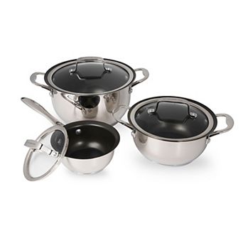 Wolfgang Puck 6 pc Stainless Steel Pots and Pan Set; Scratch-Resistant Non-Stick Cookware, Clear Tempered-Glass Lids, Cool Touch Handles, Extra-Wide Rims for Easy Pouring