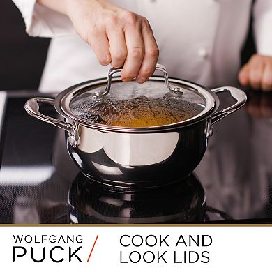 Wolfgang Puck 6-Piece Stainless Steel Pots and Pan Set; Scratch-Resistant Non-Stick Cookware, Clear Tempered-Glass Lids, Cool Touch Handles, Extra-Wide Rims for Easy Pouring