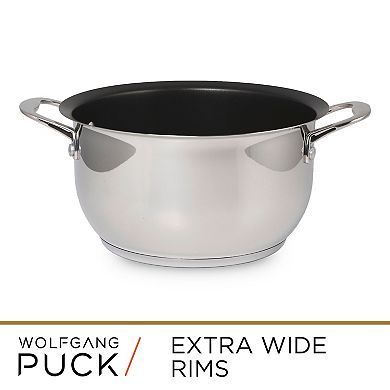 Wolfgang Puck 6-Piece Stainless Steel Pots and Pan Set; Scratch-Resistant Non-Stick Cookware, Clear Tempered-Glass Lids, Cool Touch Handles, Extra-Wide Rims for Easy Pouring