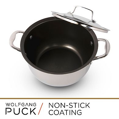 Wolfgang Puck 6-Piece Stainless Steel Pots and Pan Set; Scratch-Resistant Non-Stick Cookware, Clear Tempered-Glass Lids, Cool Touch Handles, Extra-Wide Rims for Easy Pouring