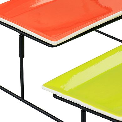 Gibson Home Crenshaw Hand Painted Stoneware 3-Tier Serving Set with Metal Rack