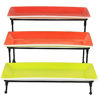 Gibson Home Crenshaw Hand Painted Stoneware 3-Tier Serving Set with Metal Rack