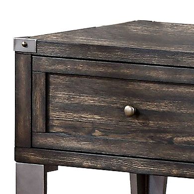 1 Drawer Wooden End Table with Metal Angled Legs, Brown
