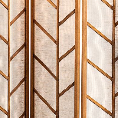3 Panel Screen with Jute Linen Fabric and Wooden Frame, Brown and Beige