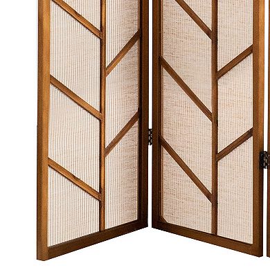 3 Panel Screen with Jute Linen Fabric and Wooden Frame, Brown and Beige