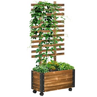Outsunny Raised Garden Bed, Wooden Planter with Trellis and Metal Corners, Portable on Wheels, to Grow Vegetables, Herbs, and Flowers for Patio, Backyard, Deck