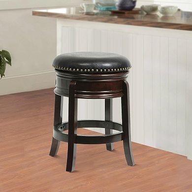 Sabi 24 inch Swivel Counter Stool, Solid Wood, Faux Leather, Cappuccino, Brown