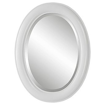 29 Inch Wood Wall Mirror, Beaded Oval Shape, White