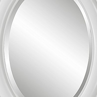 29 Inch Wood Wall Mirror, Beaded Oval Shape, White