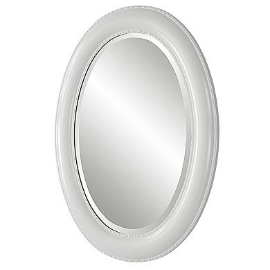 29 Inch Wood Wall Mirror, Beaded Oval Shape, White