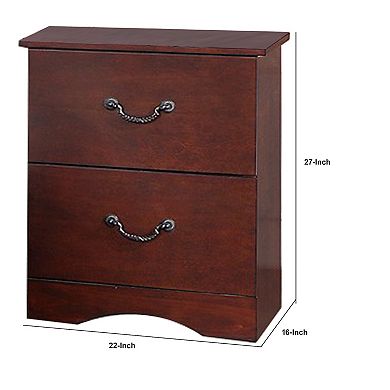 Bran 27 Inch 2 Drawer Nightstand, Pine Wood, Grain Details, Cherry Brown