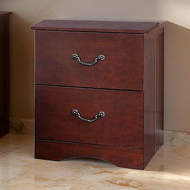 Bran 27 Inch 2 Drawer Nightstand, Pine Wood, Grain Details, Cherry Brown