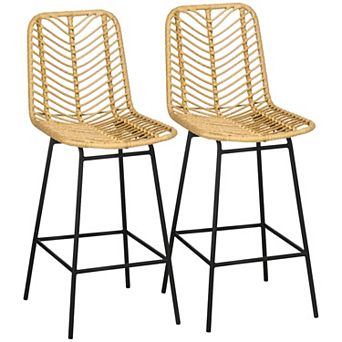 HOMCOM Bar Stools Rattan Counter Stools with Footrest Yellow Set of 2