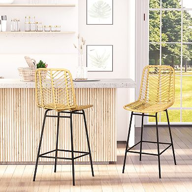 HOMCOM Bar Stools Rattan Counter Stools with Footrest Yellow Set of 2