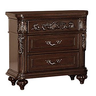 30 in 3 Drawer Engraved Wooden Nightstand, Brown