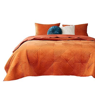 Ahab 2 Piece Velvet Twin Quilt Set, Diamond Quilting Design, Orange