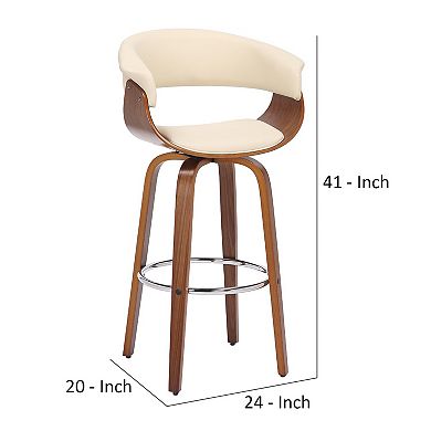 30 Inch Swivel Faux Leather Barstool with Curved Open Back, Brown