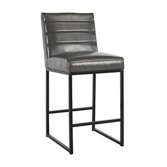 Vinn 26 Inch Modern Counter Stool, Channel Tufted, Vegan Faux Leather, Gray