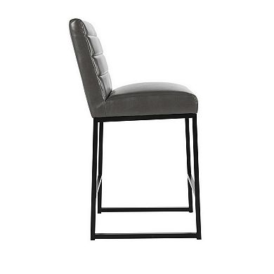 Vinn 26 Inch Modern Counter Stool, Channel Tufted, Vegan Faux Leather, Gray
