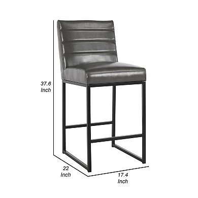 Vinn 26 Inch Modern Counter Stool, Channel Tufted, Vegan Faux Leather, Gray