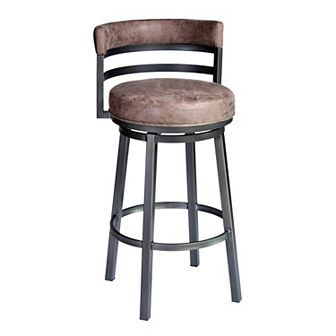 Eva 26 Inch Swivel Counter Stool, Leather, Curved Back, Washed Brown