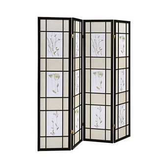 4 Panel Screen with Floral Print Detailing and Wooden Frame, Black