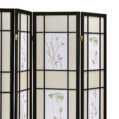 4 Panel Screen with Floral Print Detailing and Wooden Frame, Black