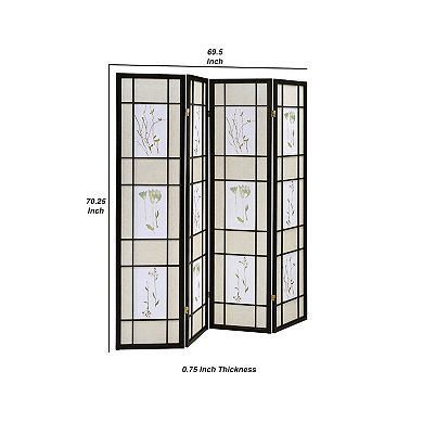 4 Panel Screen with Floral Print Detailing and Wooden Frame, Black