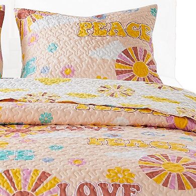 Berlin 3 Piece Microfiber Rainbows and Clouds Print Queen Quilt Set, Beige