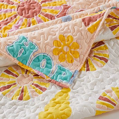 Berlin 3 Piece Microfiber Rainbows and Clouds Print Queen Quilt Set, Beige