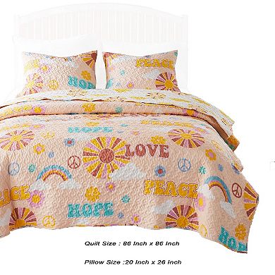 Berlin 3 Piece Microfiber Rainbows and Clouds Print Queen Quilt Set, Beige