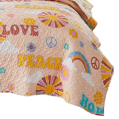 Berlin 3 Piece Microfiber Rainbows and Clouds Print Queen Quilt Set, Beige