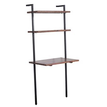 Industrial 3 tier Mango Wood Ladder Storage Wall Shelf with Tubular Frame, Brown and Black