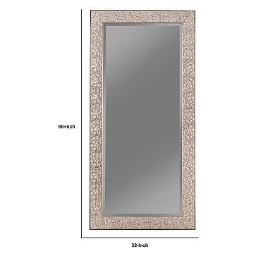 Rectangular Beveled Accent Floor Mirror with Glitter Mosaic Pattern, Silver