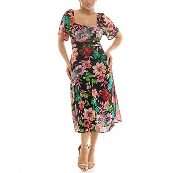 Women's Nina Leonard Floral Flutter Sleeve Sweetheart Neck Dress