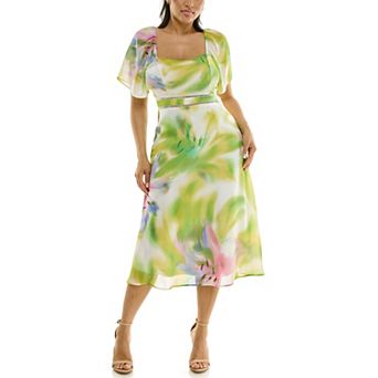 Women's Nina Leonard Floral Flutter Sleeve Sweetheart Neck Dress