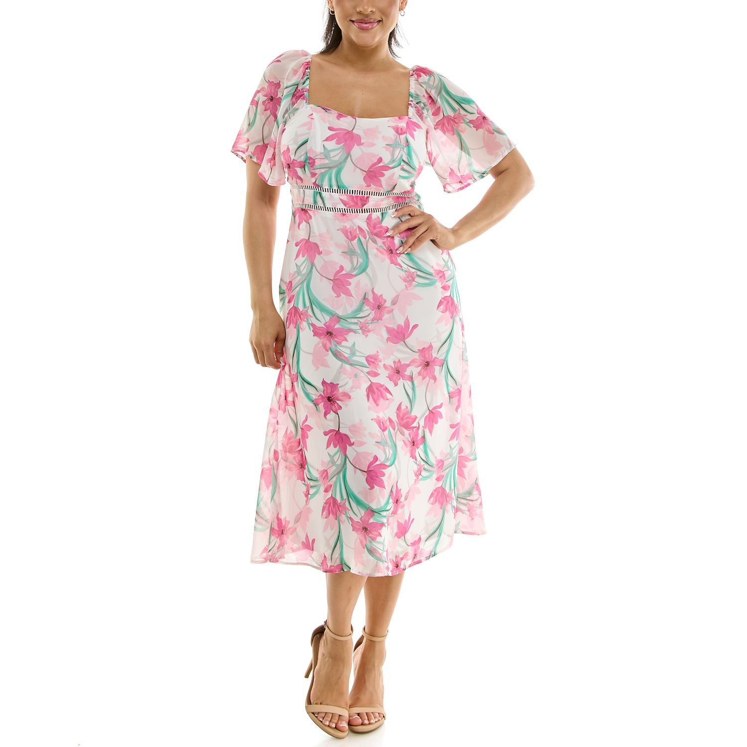 Женские платья Nina Leonard Floral Flutter Sleeve Sweetheart Neck Dress