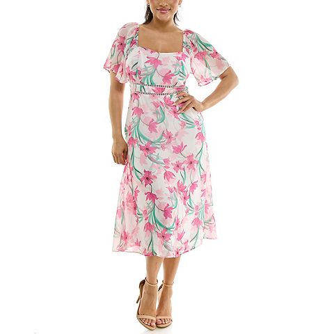 Женские платья Nina Leonard Women's Nina Leonard Floral Flutter Sleeve Sweetheart Neck Dress