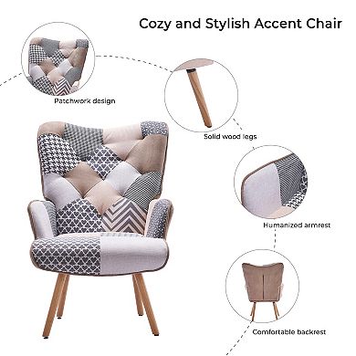 Unikome Patchwork Accent Chair With Solid Wood Legs