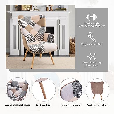Unikome Patchwork Accent Chair With Solid Wood Legs