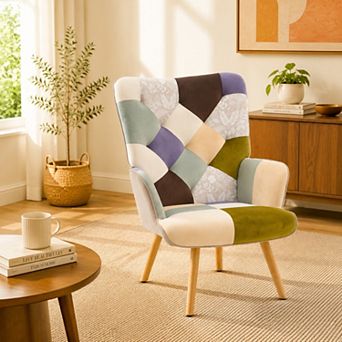 Unikome Multicolor Patchwork Accent Chair, Mid Century Upholstered Armchair with Wooden Legs
