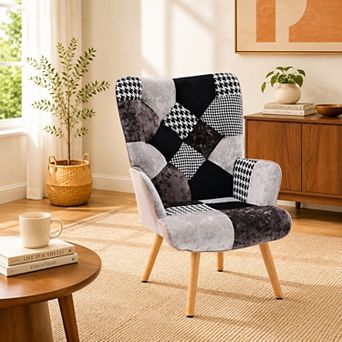 Unikome Multicolor Patchwork Accent Chair, Mid Century Upholstered Armchair with Wooden Legs