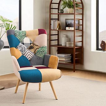 Unikome Patchwork Accent Chair With Solid Wood Legs